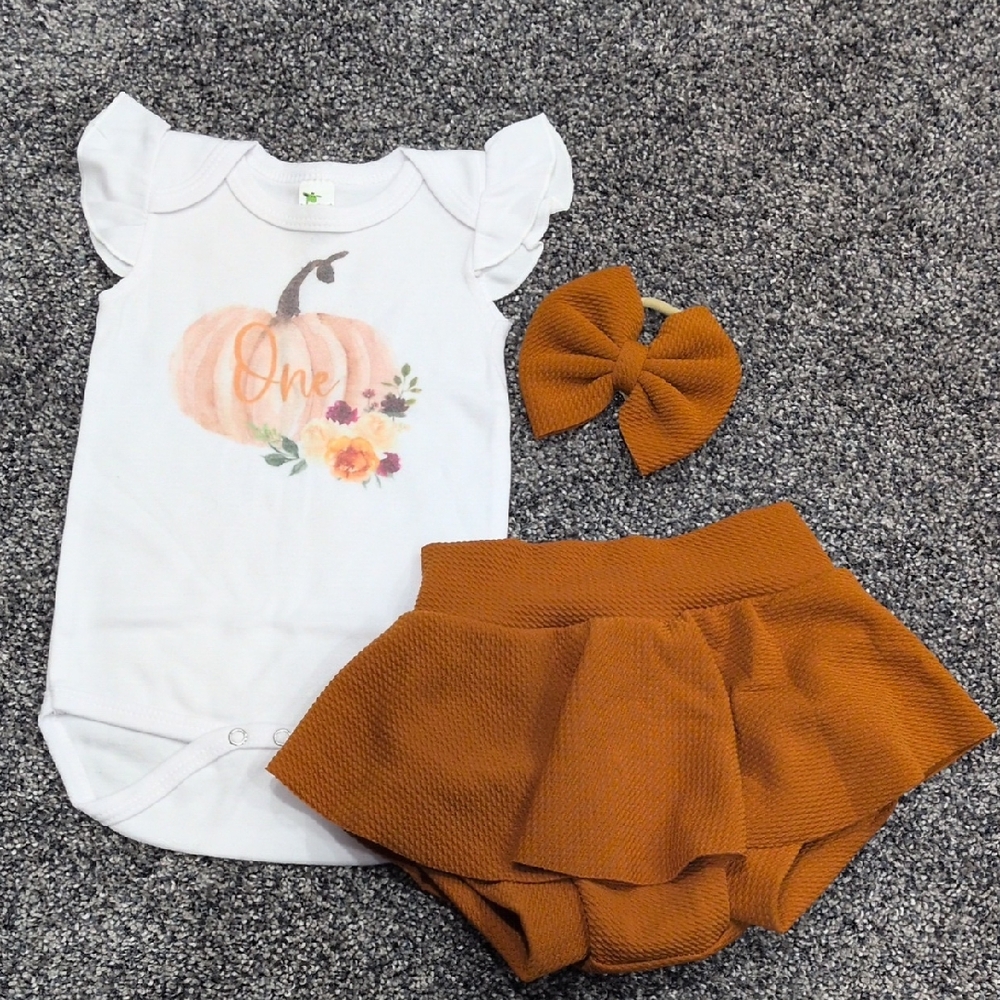 Girls White Pumpkin 'One' Bodysuit & Rust Skirted Bloomers Set